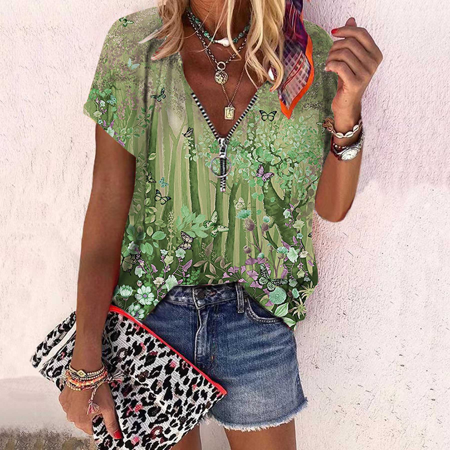 

Женский топ, летний новый модный топ с красивым лесным принтом, повседневный топ на молнии с v-образным вырезом и короткими рукавами 2XL зелёный