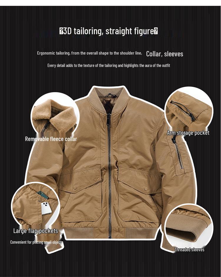 Men's Flight Jacket: Winter Thickened Velvet, Detachable Lapel, Outdoor Casual Style for Autumn & Winter