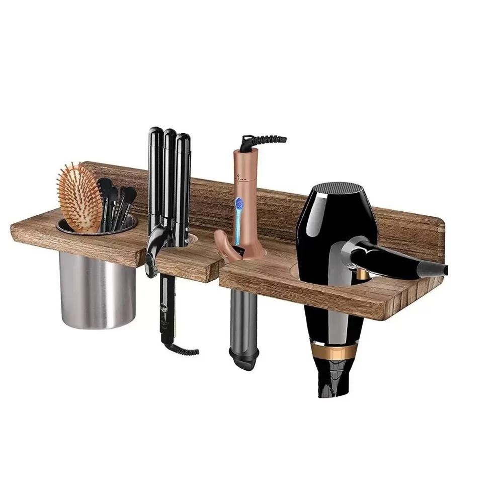 Multi-Purpose Wooden Hair Dryer Holder Wall-Mounted Space Saving Blow Dryer Hanger Stylish Curling Iron Shelf for Home