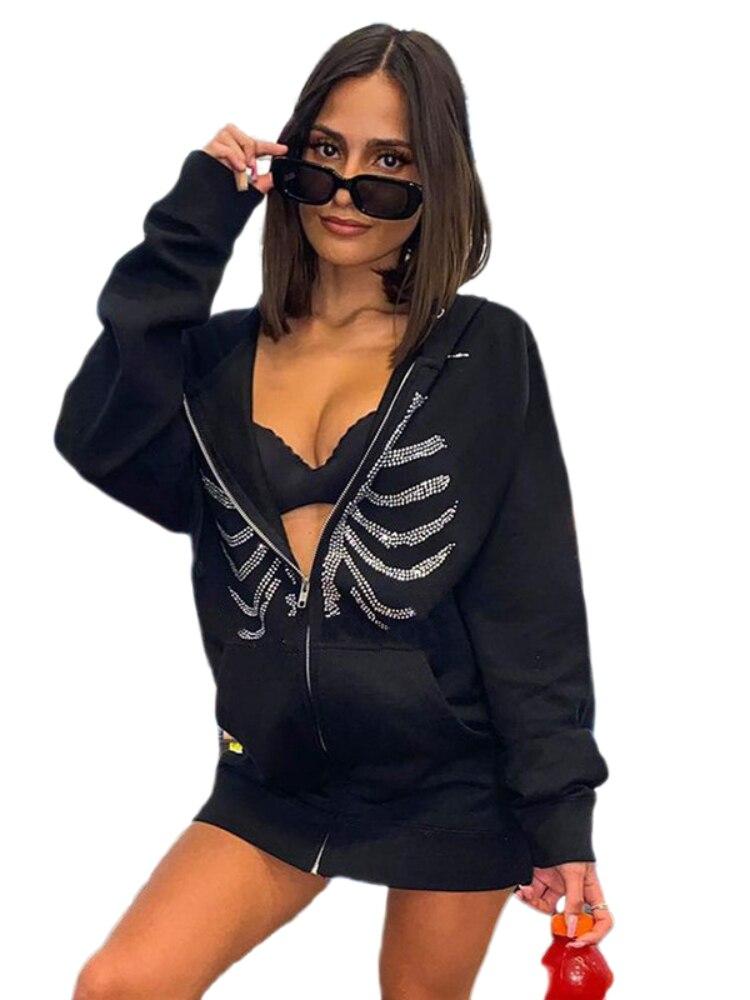 Vintage Harajuku Printing Hooded Jacket Streetwearvintage Rhinestone Skeleton Hoodies Women Gothic Zip Up Sweatshirts Female