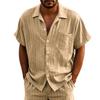 Linen Jacquard Shirt with Vertical Stripes Men's Collared Button-Down Loose-Fitting, Breathable Casual Short-Sleeved Shirt