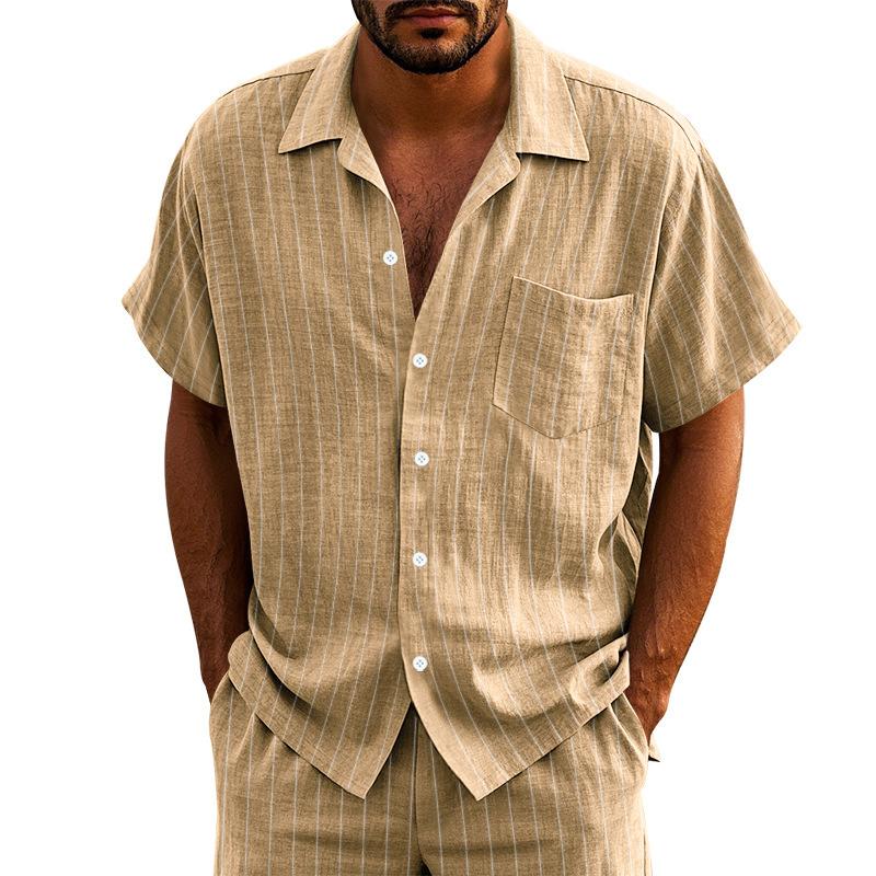 Linen Jacquard Shirt with Vertical Stripes Men's Collared Button-Down Loose-Fitting, Breathable Casual Short-Sleeved Shirt