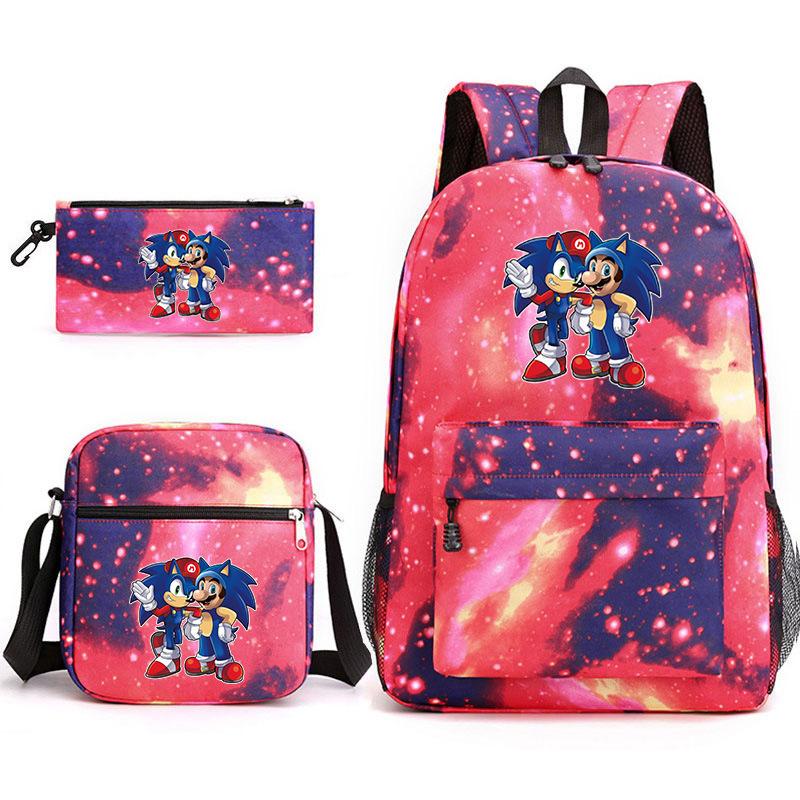 Backpack Sonic Student School Bag Cartoon Backpack Shoulder Bag Pencil Case Three-Piece Set