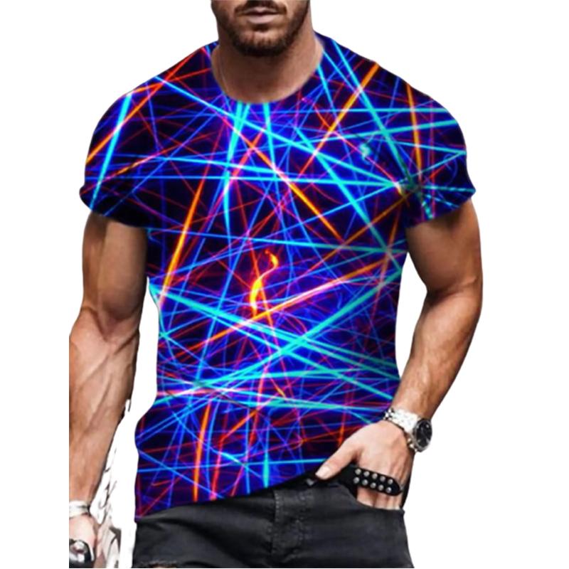 New Summer Men's Fashion T-shirt Personality Blue Crystal Lines Printed Men's T-shirt Top
