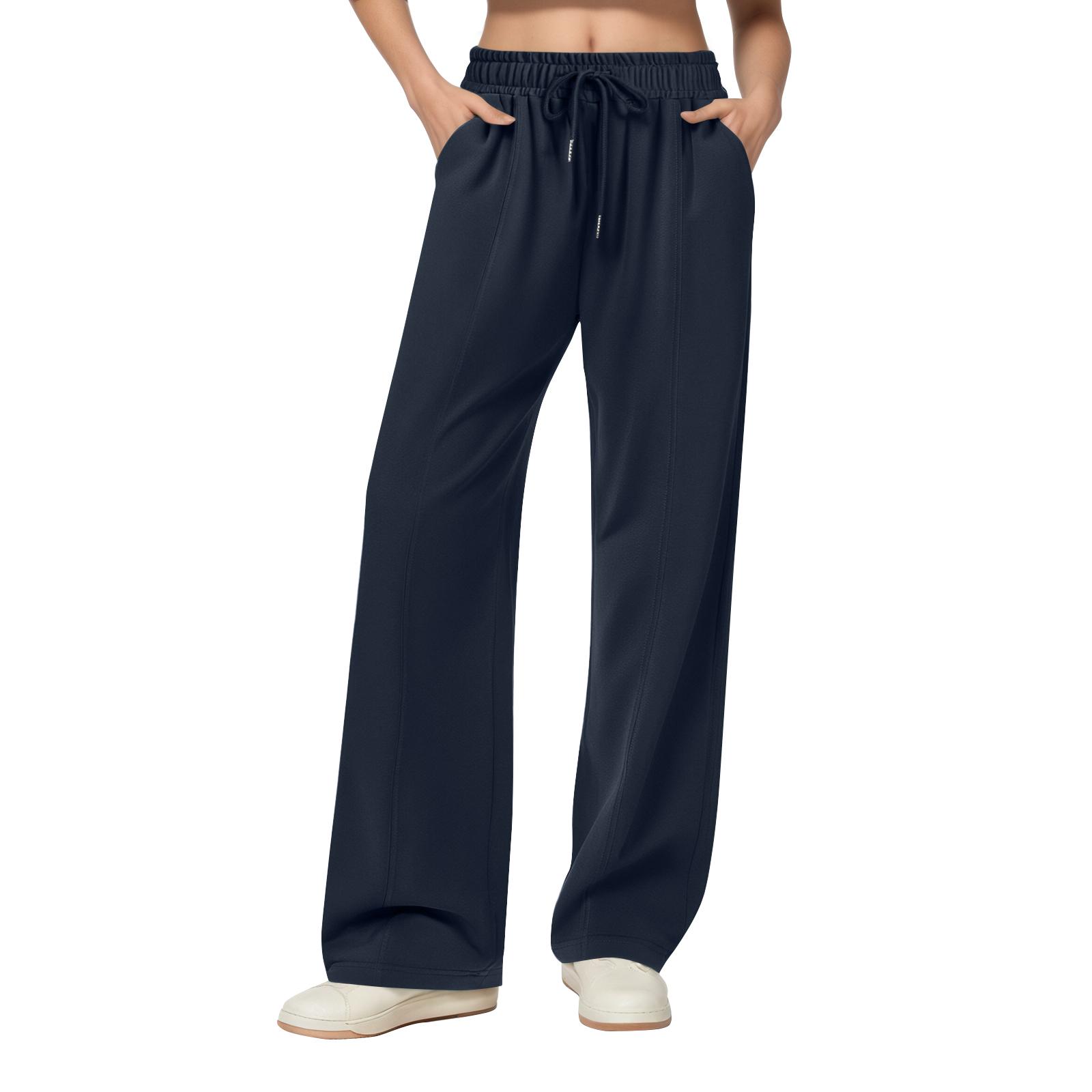 

Женские спортивные штаны с высокой посадкой и кулиской, прямые брюки, боковые потайные карманы, спортивные XL тёмно-синий