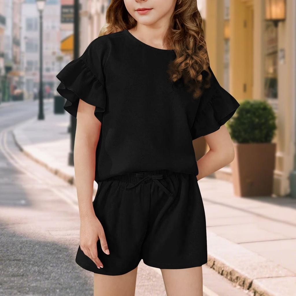 Girls Plain Color Casual Fashion Two-Piece Set Short Sleeve Top And Shorts