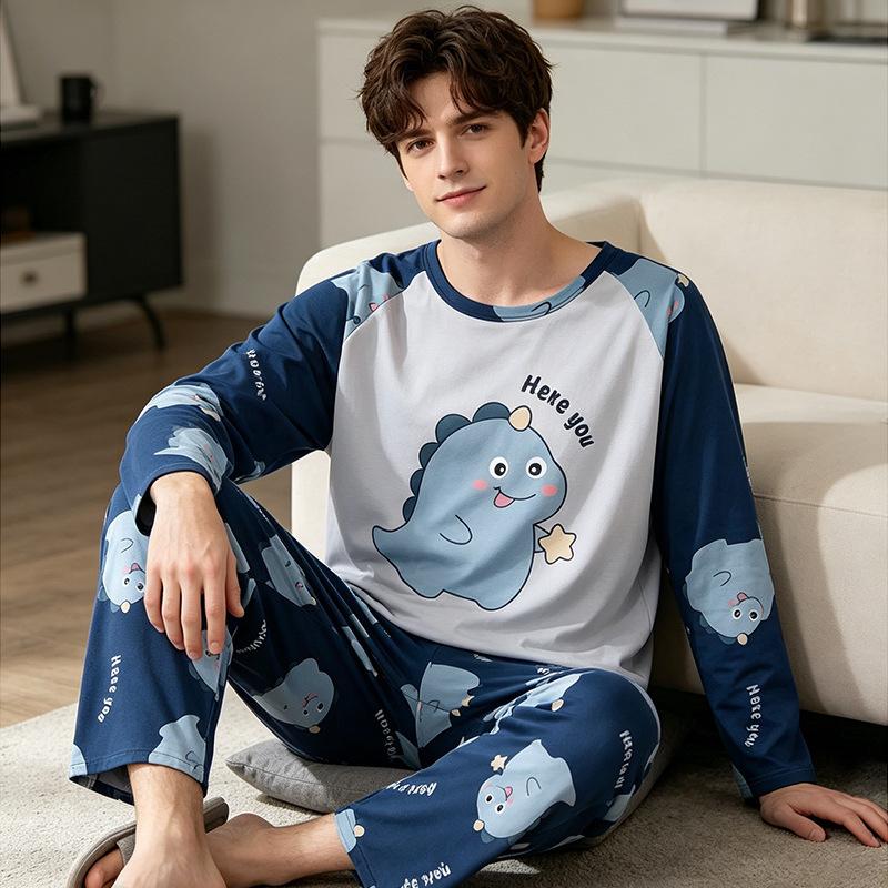 Men's pajamas men's spring and autumn casual round neck long-sleeved suit large size loose men's loungewear
