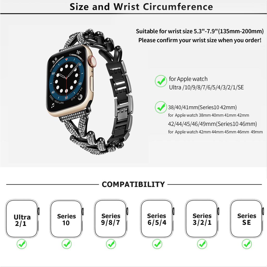 KALEBOL Zinc Alloy Strap for Apple Watch Ultra 3 2 1 49mm/Series 11 10 46mm/9 8 7 45mm/SE3 SE2 SE 6 5 4 44mm/3 2 1 42mm Watch Band Rhinestone Decor