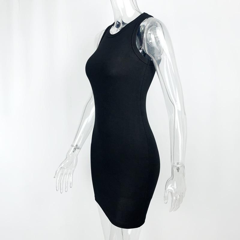 Sommer Ärmellos Sexy Tasche Hüfte Kurz Kleid Einfach Schlankmachend Tanktop O-Ausschnitt Mini Kleider Basic Mode Bodycon Party Elegant Kleidung
