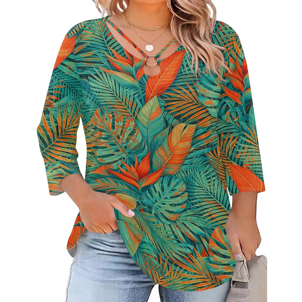 Blusa Floral Feminina Plus Size com Manga Três Quartos, Blusa Casual, Túnica de Corte Amplo para Primavera Verão, Uso Diário, Trabalho e Saídas