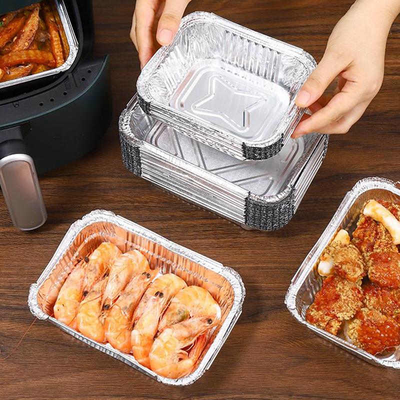 10Pcs Rectangle Aluminum Foil Trays Non-Stick Baking Pans Food Grade Bbq Bowl For Air Fryer Oven Baking Cooking Kitchen Tool