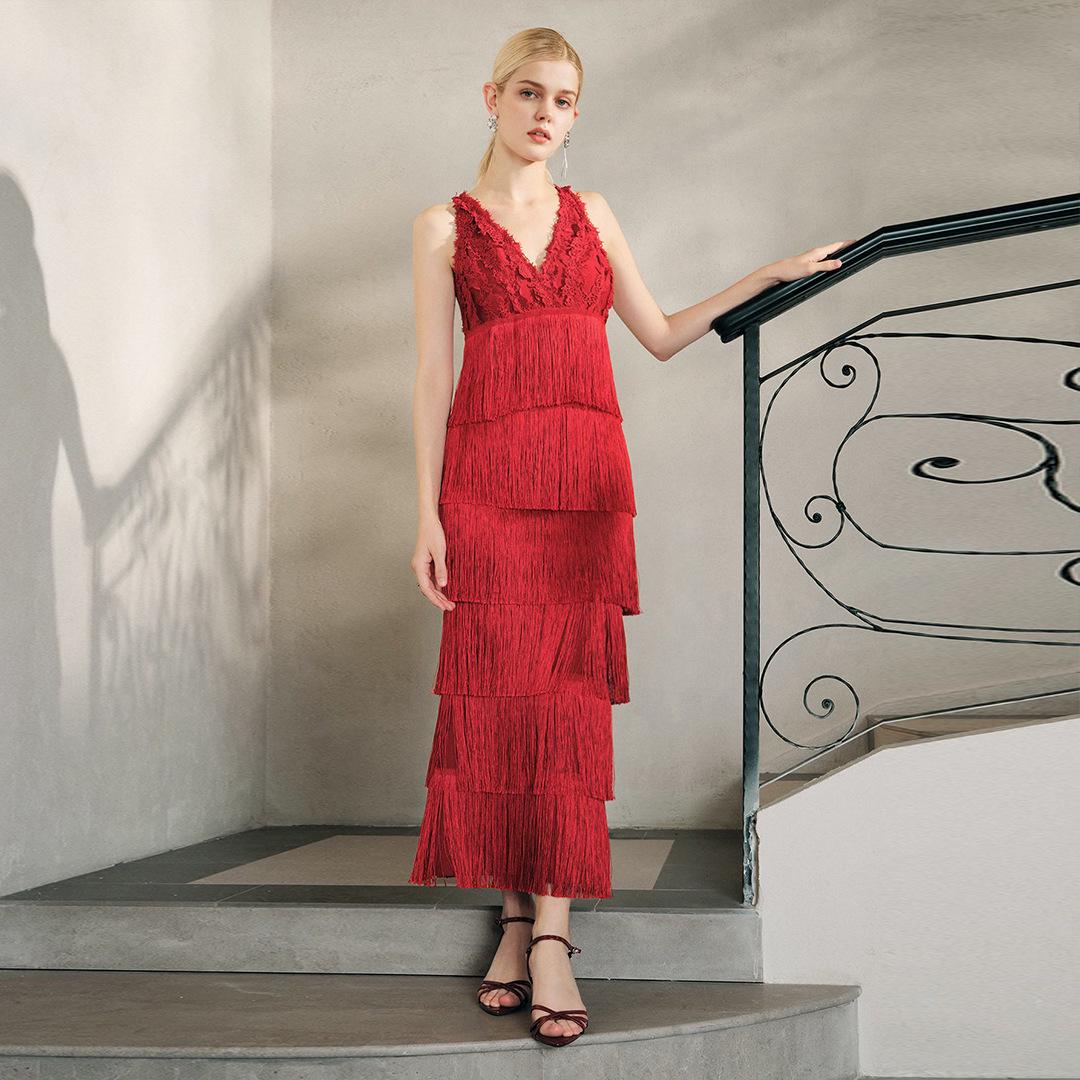 French Red Sleeveless Waist-Cinching Fringe Evening Dress Extra Small красный