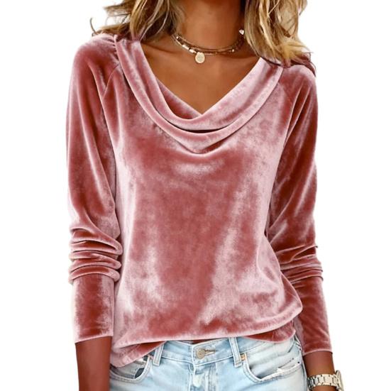 

Женские топы с отложным воротником, длинным рукавом, из бархатистой ткани, однотонные, пуловеры, из золотого бархата, повседневная блузка для офиса, свиданий S розовый