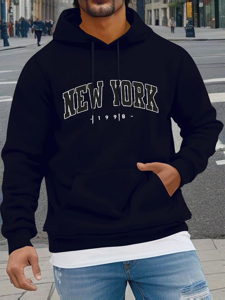 Vintage Curved NEW YORK 1998 Letter Print Men's Light Gray Hoodie, Hip Hop Sports Loose Pocket Street Sweatshirt