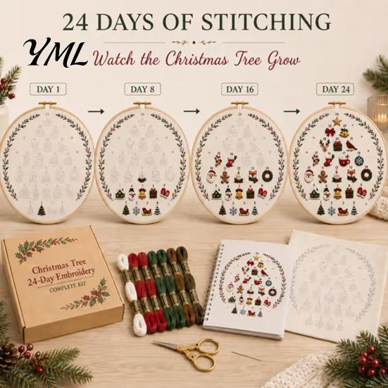 Beginner Friendly Embroidery Supplies 24 Days Christmas Tree Kit, DIY Sewing Kit for Beginners, Holiday Handmade Indoor Crafting Hobby Material