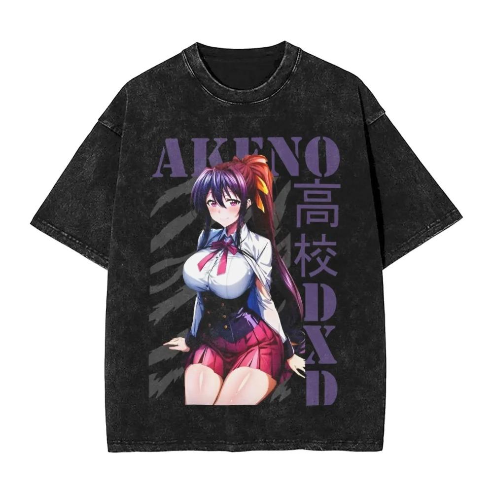 High School DxD Rias Gremory Vintage Anime T-Shirt, Unisex Otaku Streetwear Tee, Washed Cotton Casual Short Sleeve Top