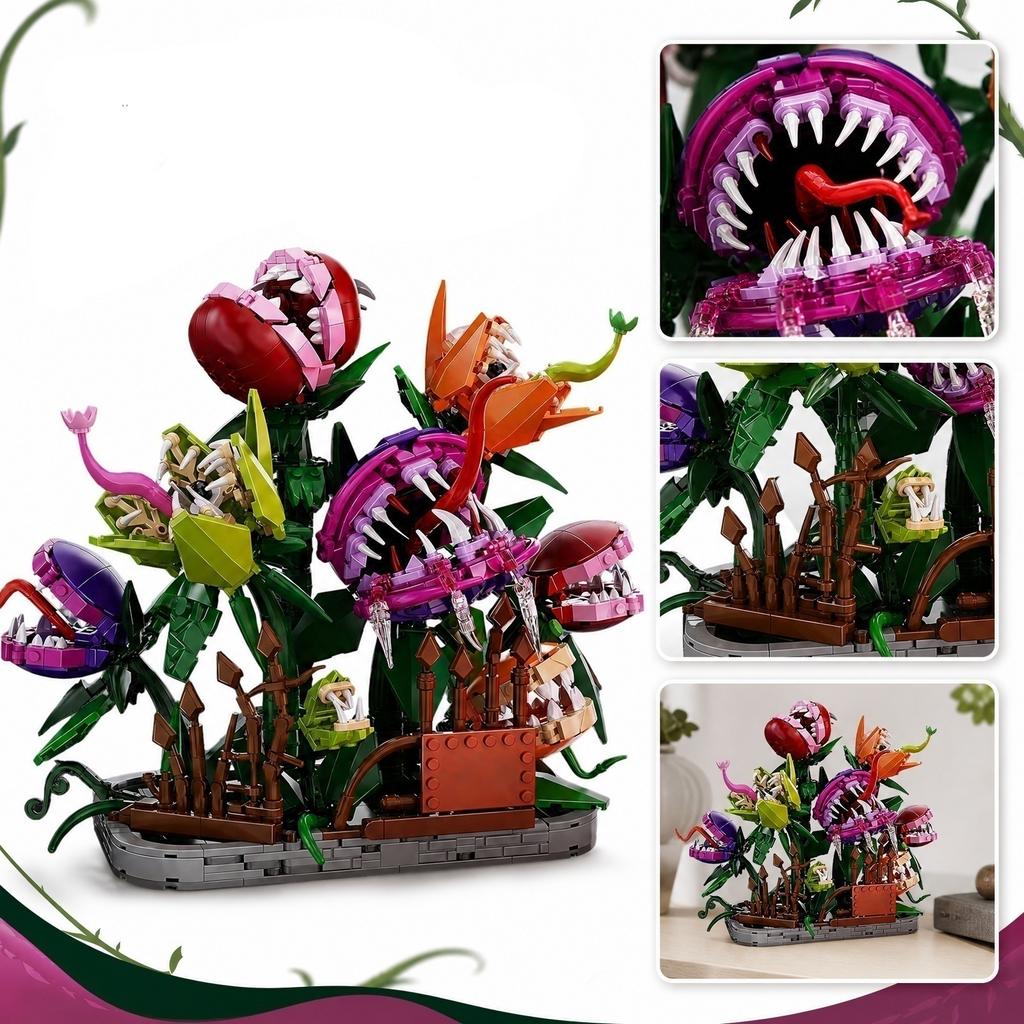 Building Block Toy Plant Model with Multiple Articulated Flower Heads and Detailed Leaves on a Rectangular Base for Display and Assembly