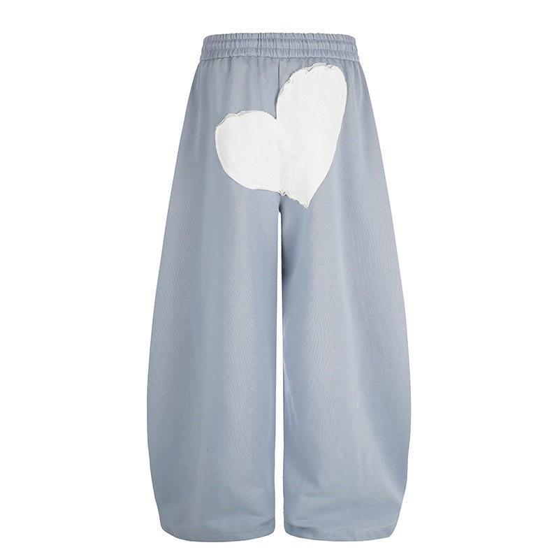 Mens Drawstring Sweatpants 2026 Vintage American Style Wide Leg Pants With Heart Patch Embroidery Casual Trousers