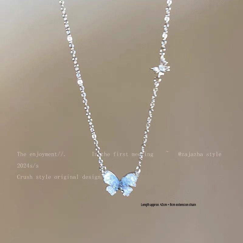Ice Crystal Gradient Butterfly Tassel Necklace: Elegant Summer Clavicle Chain for Trendy Women.