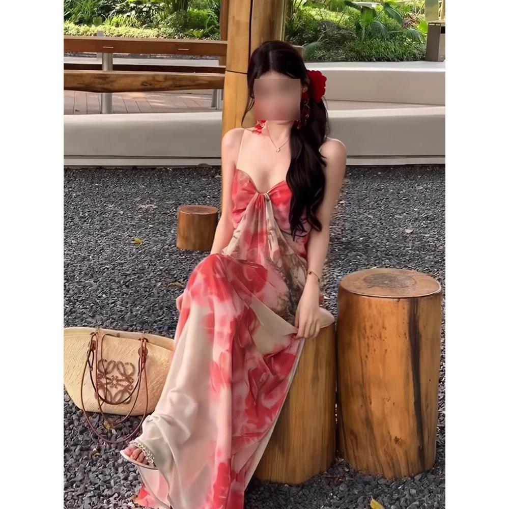 Summer temperament socialite retro floral print tube top suspender long dress