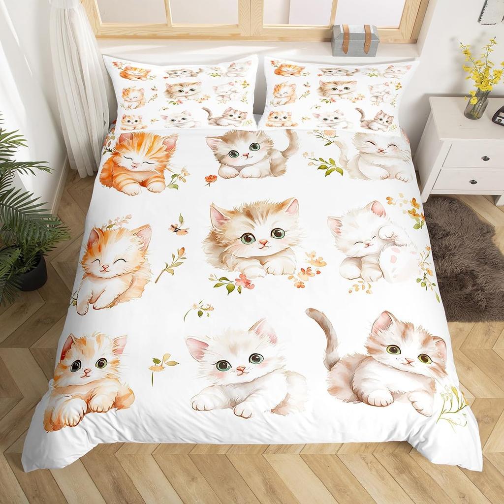 Kawaii Cat Duvet Cover Pink Bowknot Kitten Bedding Set Sweet Pet Animal Comforter Cover Princess Bow Girly Polyester Quilt Cover