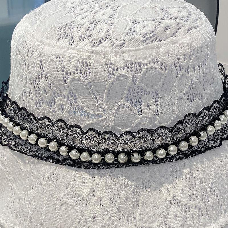 Versatile Summer Sunshade Basin Hat Female Pearl Lace Fisherman Retro Breathable Summer Sunscreen Beach Climbing Tide