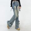 Women's Blue Bow Flare Jeans Harajuku 90s Aesthetic Streetwear Baggy Denim Trousers Y2k Jean Pants Vintage 2000s Trashy Clothes