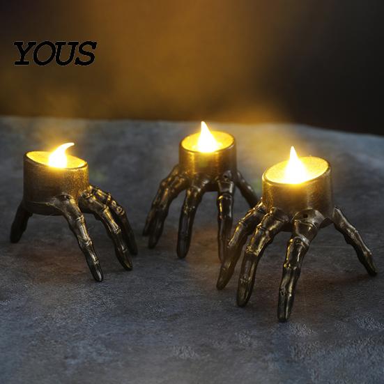 Realistic Pattern Votive Halloween Skeleton Hand Candle Light, Gothic Creepy Skull Hands Fake LED Prop for Haunted House Table Centerpiece, Entryway,