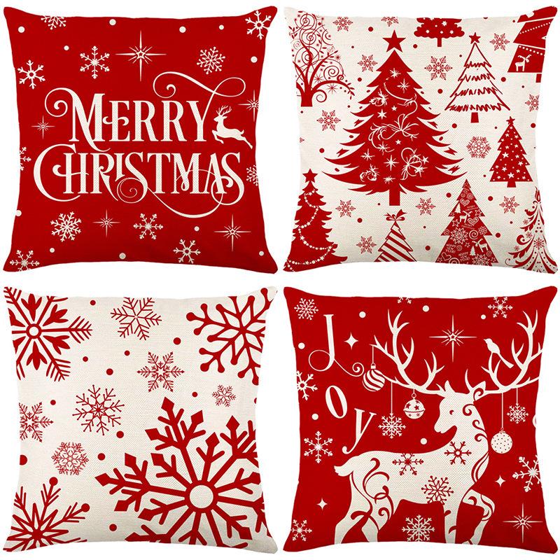 New Linen Christmas Pillowcase with Santa Claus and Reindeer Design