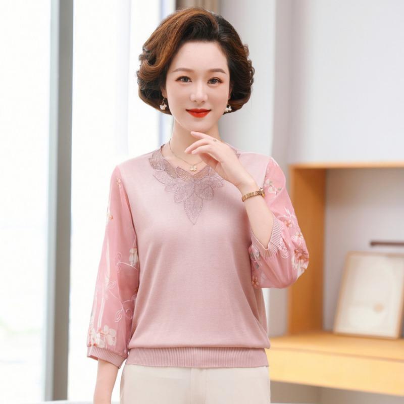 

Вязаные летние тонкие рубашки и рубашки для женщин среднего и пожилого возраста, весенне-осенняя одежда для мамы, новые топы с рукавом три четверти, лет 5XL розовый