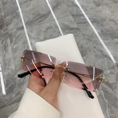 Vintage Fashion Rimless Sunglasses For Women Frameless Rectangle Shades Gradient Summer Traveling Sun Glasses Uv400 Protection