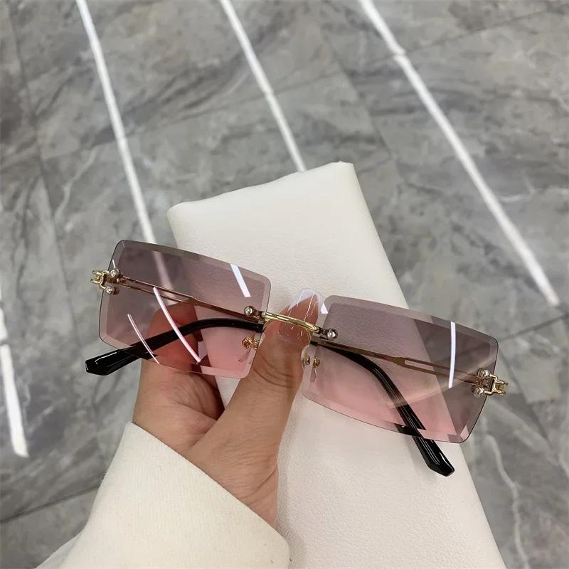 Vintage Fashion Sunglasses For Women Rimless Frameless Rectangle Shades Gradient Uv400 Summer Traveling Sun Glasses For Womenn