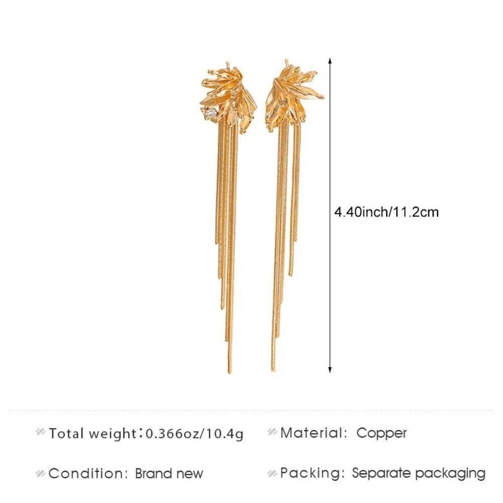Luxury Temperament Stainless Steel Petal Leaves Tassel Zircon Dangle Earrings for Women Exaggerated Banquet Dress Jewelry Gifts