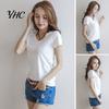 Round Neck Tee Women Summer T-shirt V-neck Short Sleeve Slim Fit Shirt Solid Color Pullover Tops Stretchy Bottoming Streetwear