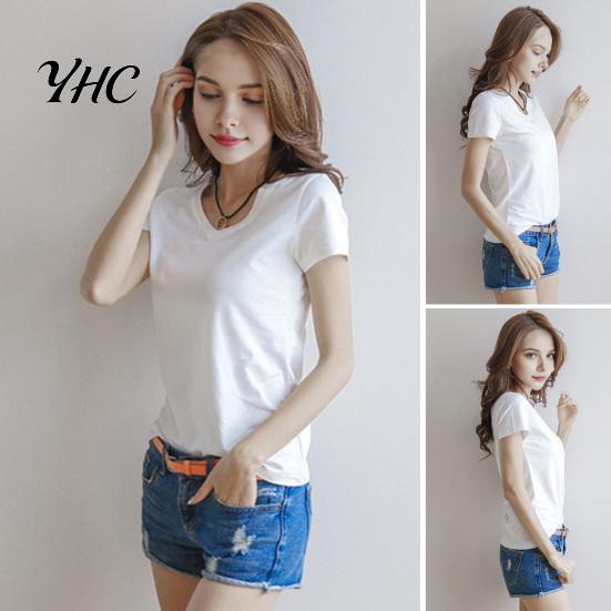 Round Neck Tee Women Summer T-shirt V-neck Short Sleeve Slim Fit Shirt Solid Color Pullover Tops Stretchy Bottoming Streetwear