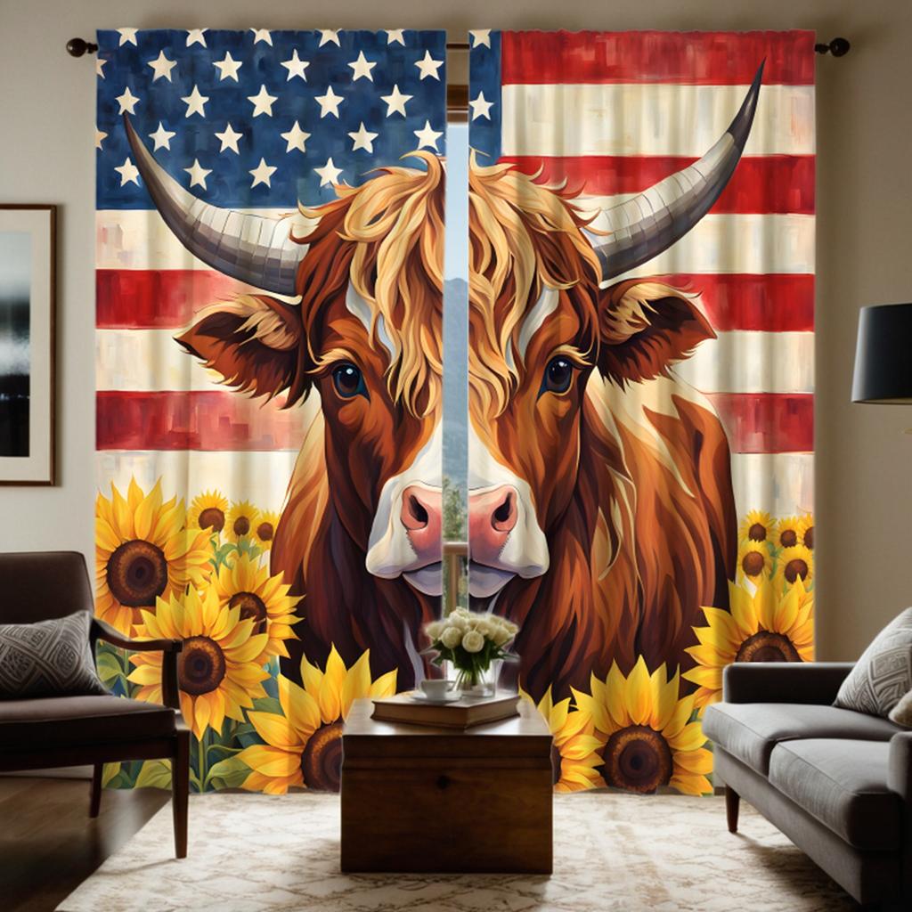 2 szt. HD Flaga Amerykańska Słonecznik Krowa Wyżynna zasłona Żółty wiązany zasłona z nadrukiem cyfrowym Dekor w stylu Wystrój Domu Udekoruj salon