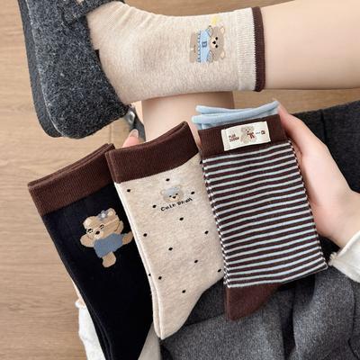 Korean Striped Cloth Label Cute Bear Mid-Tube Socks Contrasting Boneless Cotton Socks