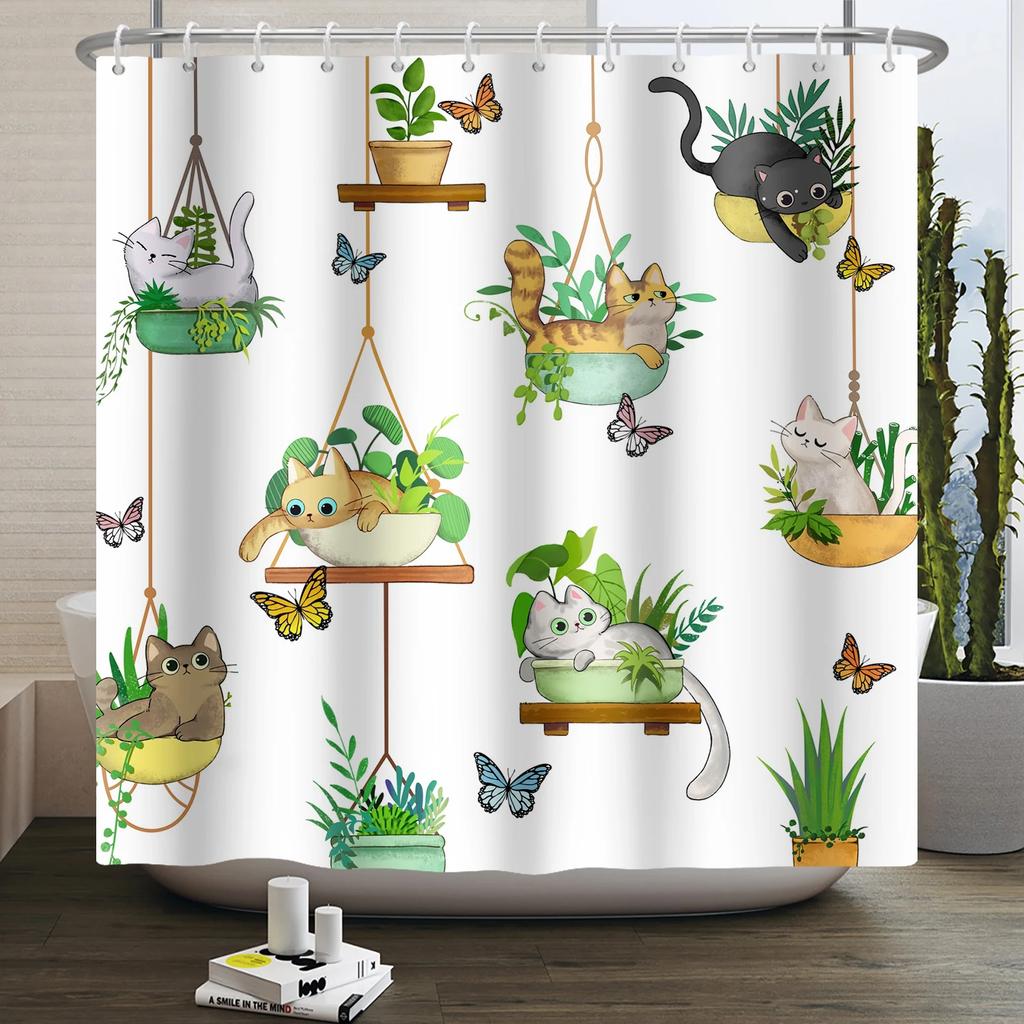 Grüne Topfpflanze Duschvorhang Tropisches Gewächshaus Botanische Sukkulenten Kaktus Moderne Ästhetik Wasserdichter Badezimmervorhang