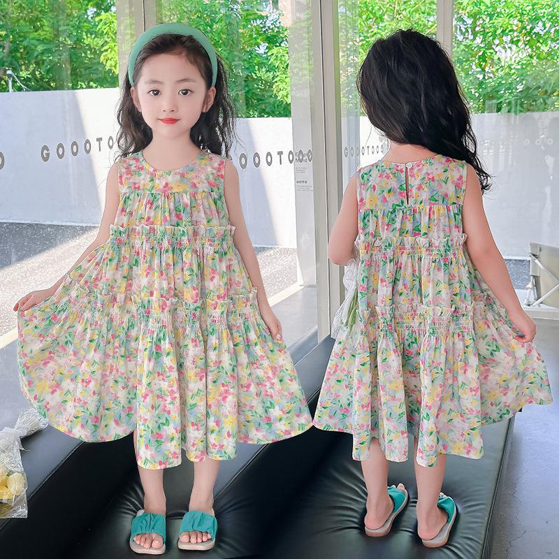 Floral Vest Dress Cool Pure Cotton Printed Middle and Large Children Primary School Kindergarten Korean Style Cotton Skirt