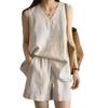 Summer Casual Loose Cotton and Linen Two-piece V-neck Vest Shorts Suit for Women