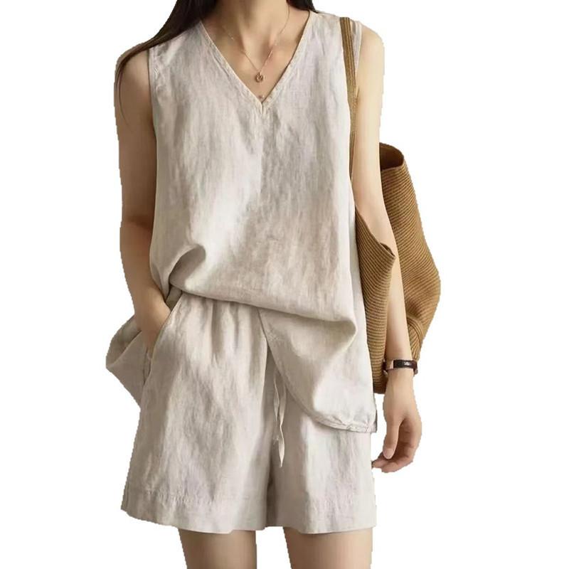 Summer Casual Loose Cotton and Linen Two-piece V-neck Vest Shorts Suit for Women