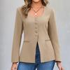Ladies' Fashionable Button Low Round Neck Slit Hem Casual Solid Color Suit