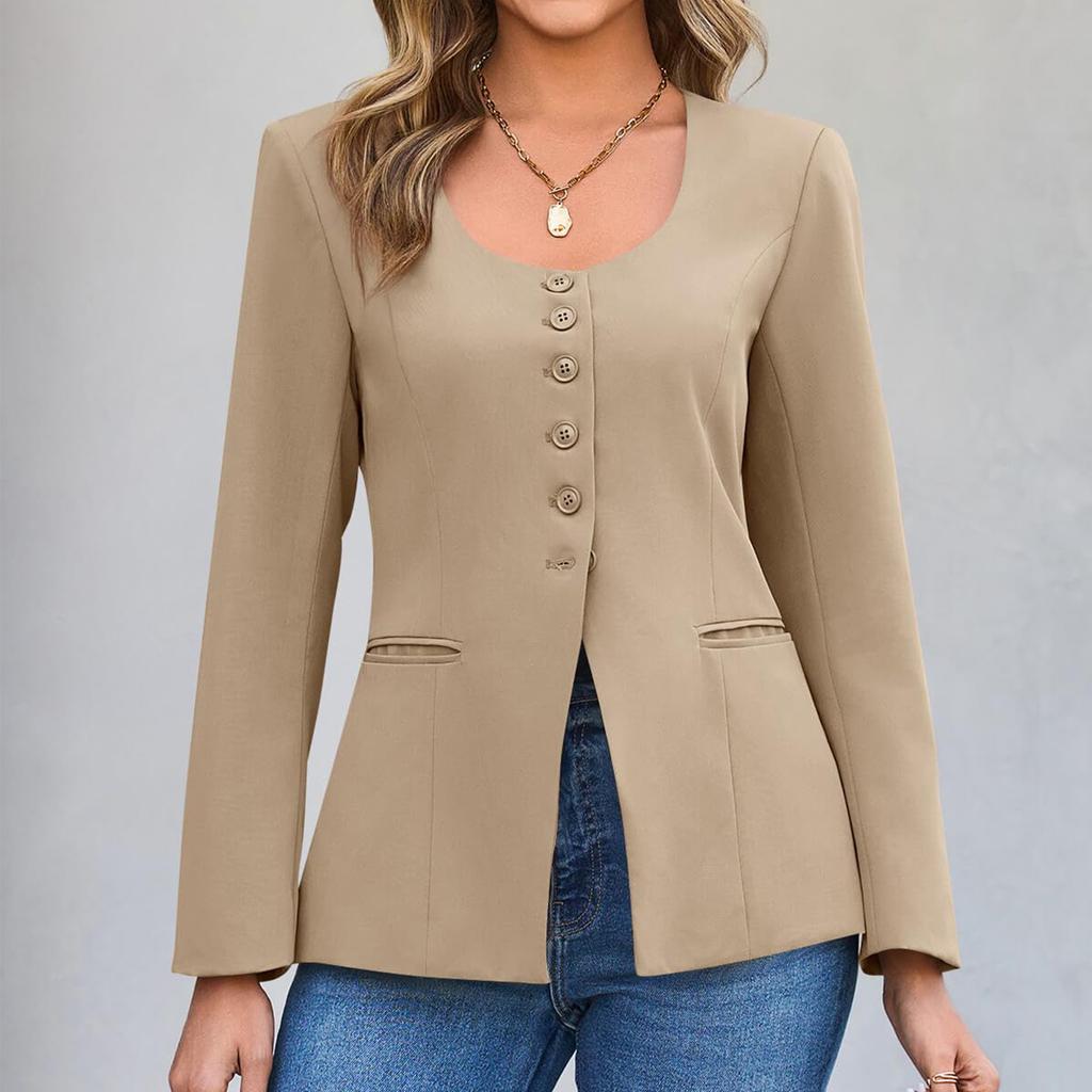 Ladies' Fashionable Button Low Round Neck Slit Hem Casual Solid Color Suit