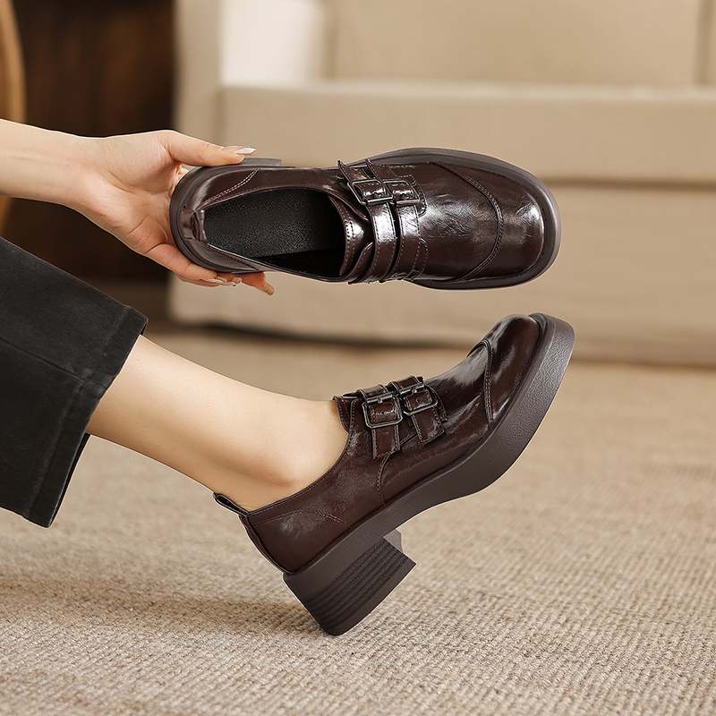 Krazing Pot Microfiber Round Toe Chunky Heels Spring Summer Shoes Big Size 43 Size 33 Women Metal Buckle Platform Pumps