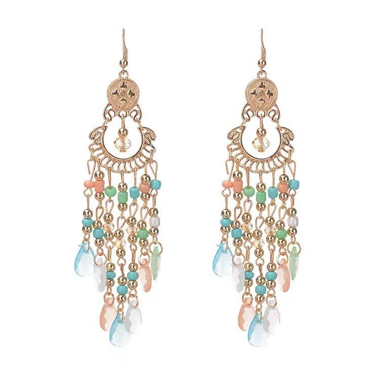 Ethnic Style Crystal Long Fringed Earrings Personalized Exaggerated Earrings Bohemian Travel Jewelry