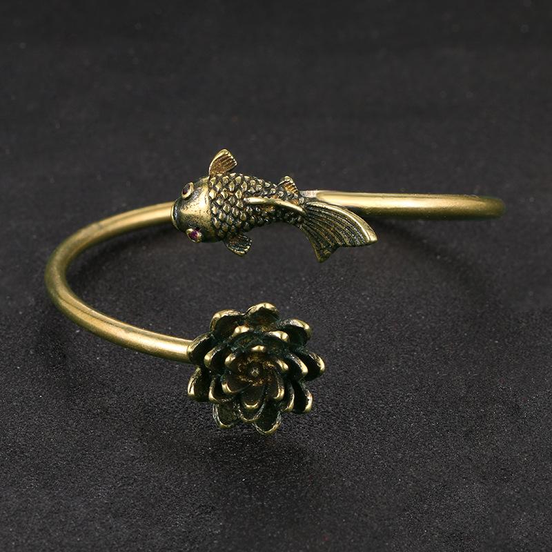 

Vintage Chinese Solid Brass Bangle with Lotus Koi Moonlight Motif Collectible Craft Ornament