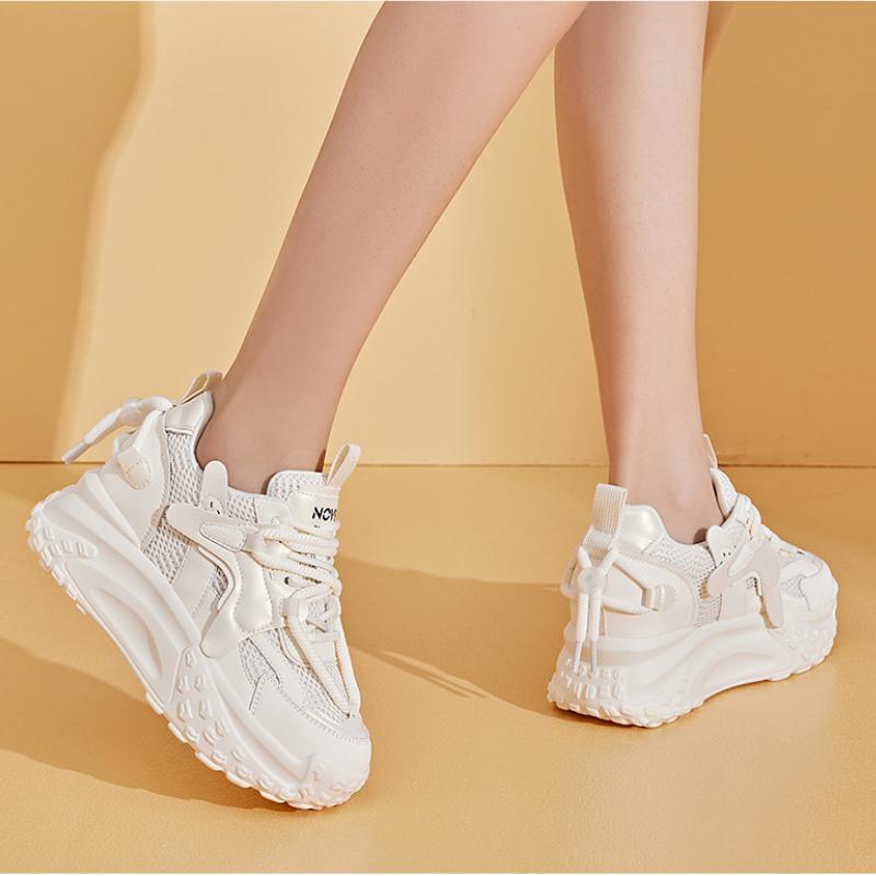 Fujin 7,5 cm Vzdušná síťovina Pravá kůže Platforma Klínek Prodyšné Robustní Tenisky Ležérní Duté Značkové Baleríny Letní Pohodlné Boty