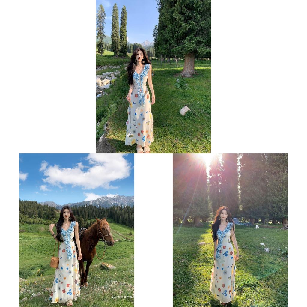 French Beach Vacation Dress With Knitted Fabric And Floral Print For Summer