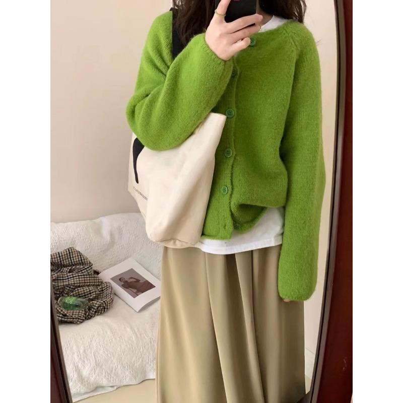 Small Fresh Solid Color Knitted Cardigan for Women's New Spring and Autumn with Loose Lazy Style Round Neck Shoulder Jacket for Women