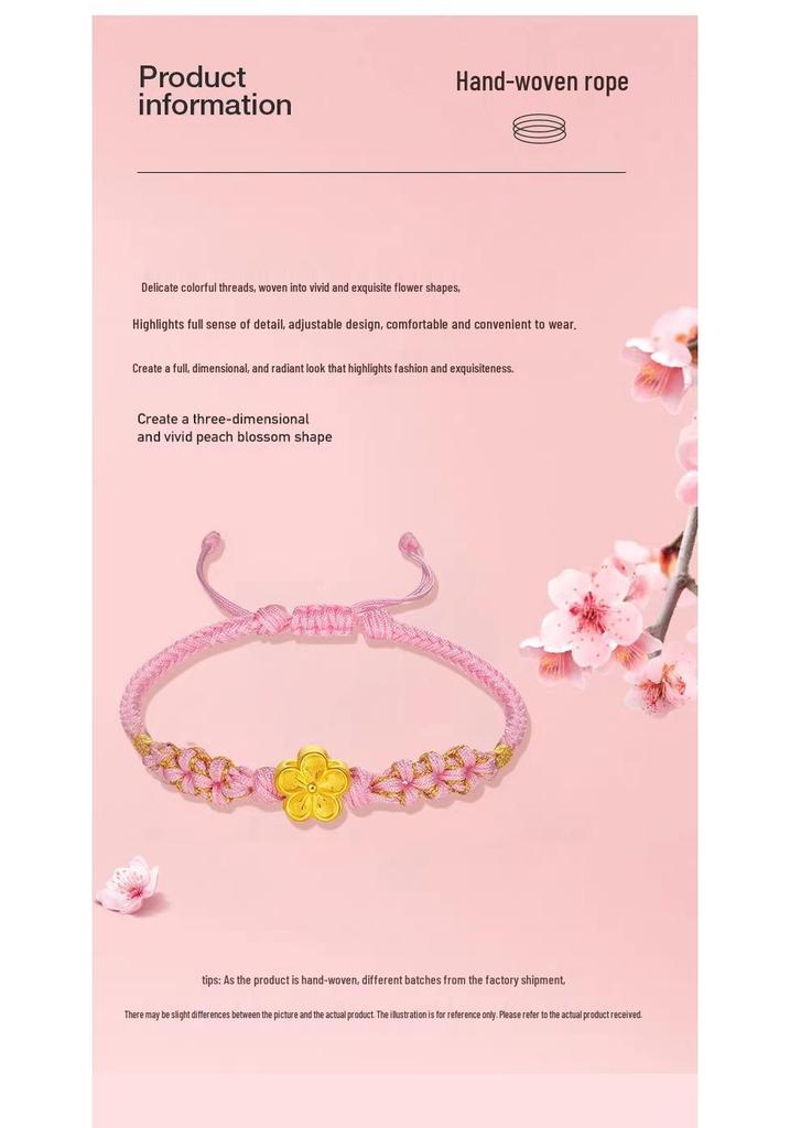 999 Pure Gold Peach Blossom Bracelet with 3D Hard Gold Luck Bead and Cherry Blossom Red Hand Rope
